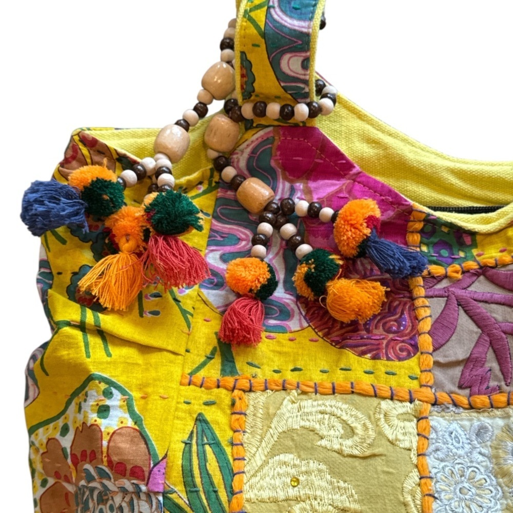 Tribe Azure Fair Trade Cotton Yellow Multi Patchwork Boho Tassel Tote Bag NWOT - Picture 2 of 16